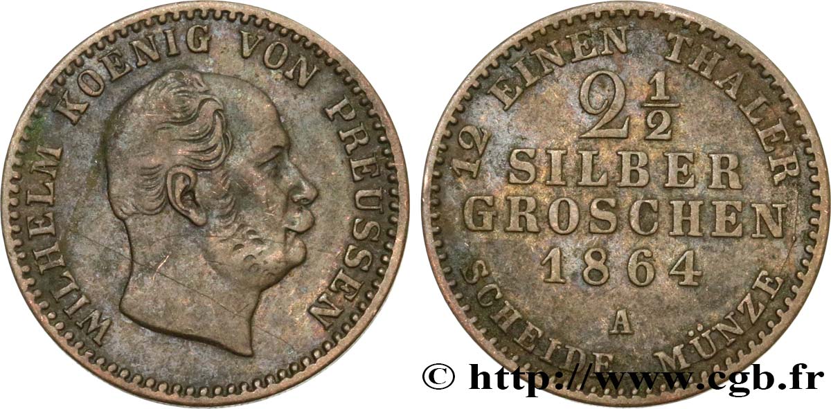 GERMANY 2 1/2 Silbergroschen (1/12 Thaler) Guillaume 1864 Berlin VF 