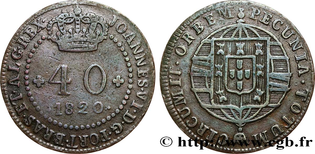 MOZAMBIQUE 40 Reis Jean VI (Joao) type à 47 perles 1820 Rio de Janeiro XF 