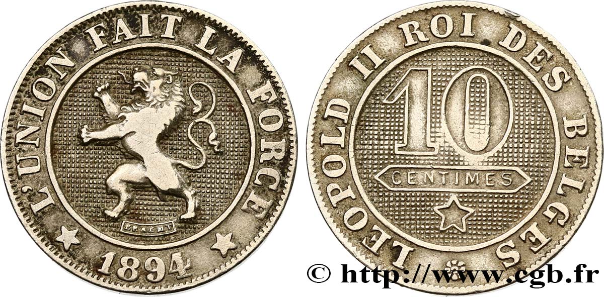 BELGIUM 10 Centimes lion légende française 1894  XF 