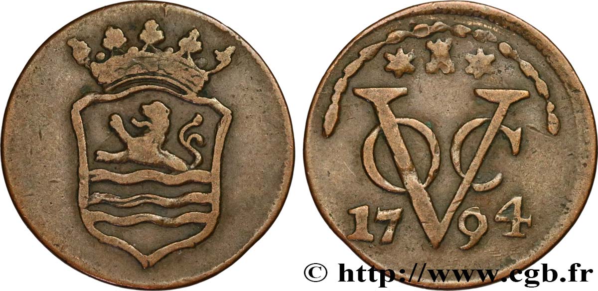 INDES NEERLANDAISES 1 Duit armes de Zélande / monogramme de la Verenigde Oost-Indische Compagnie (VOC) 1794  TB 