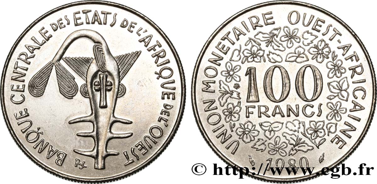 WESTAFRIKANISCHE LÄNDER 100 Francs BCEAO masque 1980 Paris VZ 