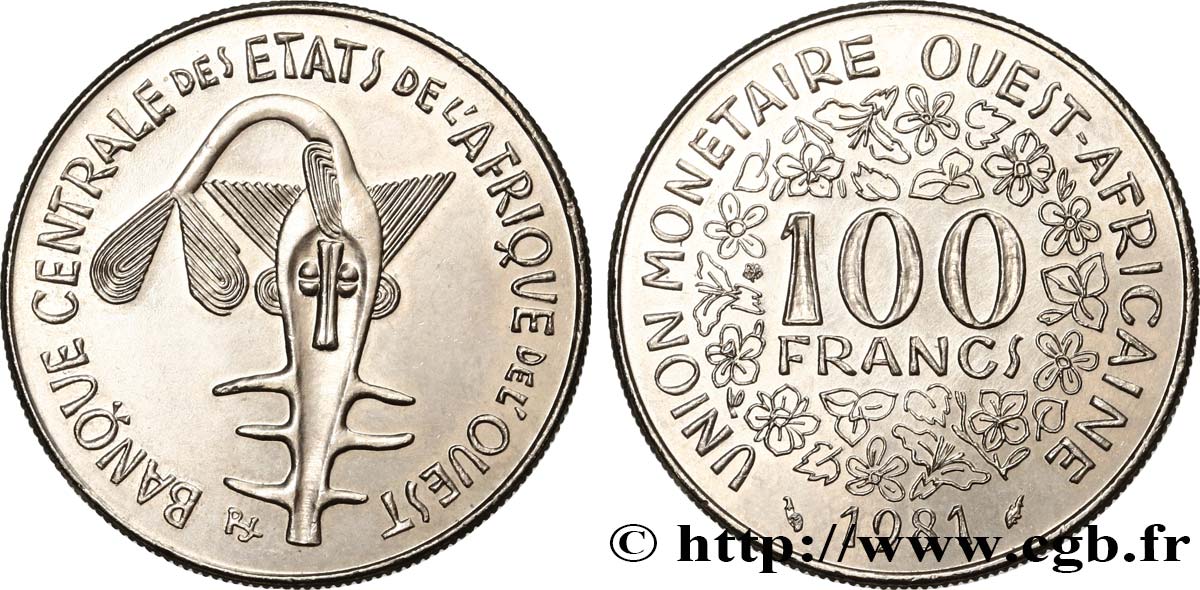 WESTAFRIKANISCHE LÄNDER 100 Francs BCEAO masque 1981 Paris VZ 