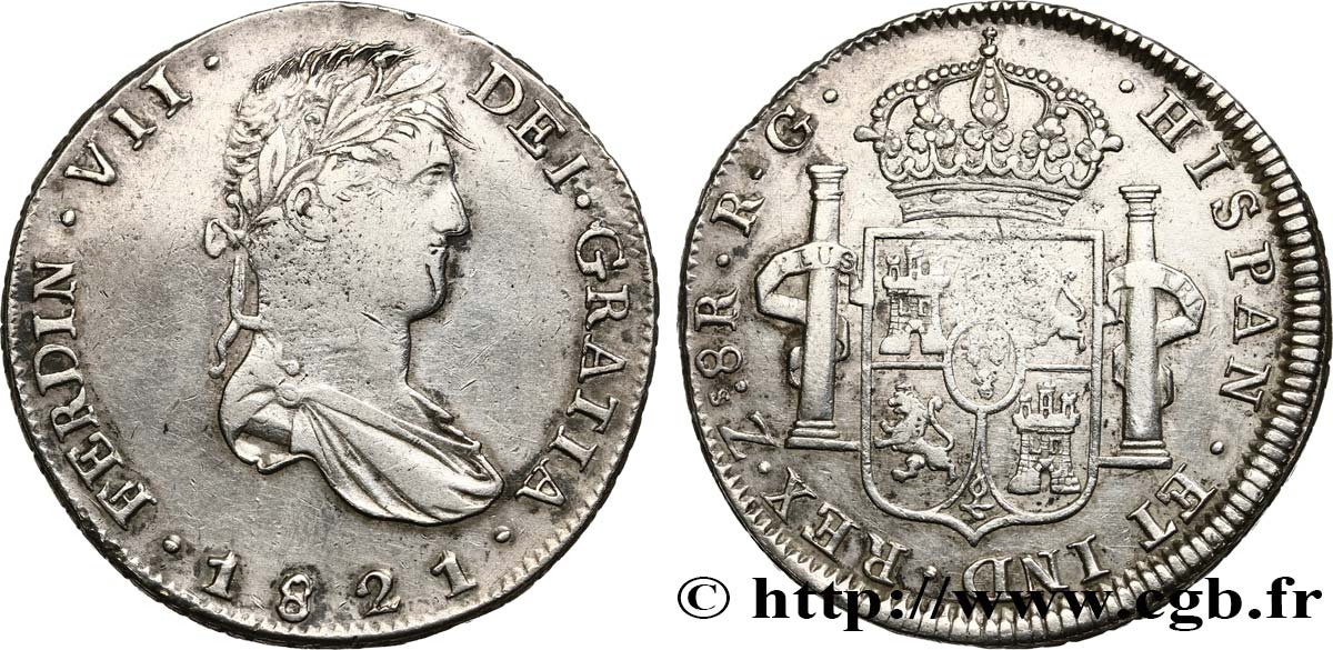 MEXICO 8 Reales Ferdinand VII 1821 Zacatecas XF 