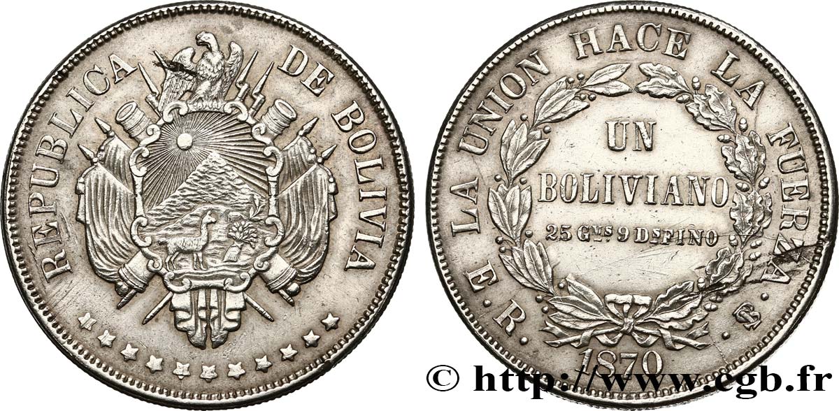 BOLIVIA 1 Boliviano 1870 Potosi AU 