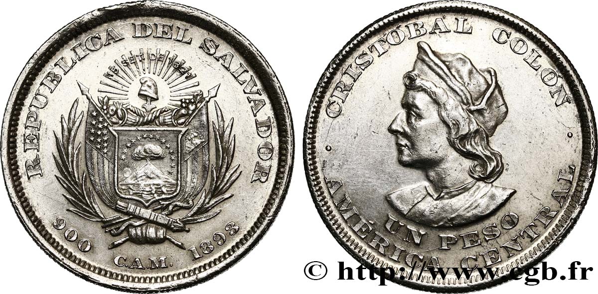 EL SALVADOR 1 Peso Christophe Colomb 1893  AU 