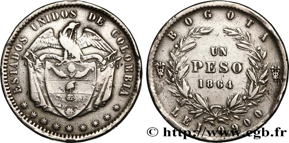COLOMBIE 1 Peso Confédération Grenadine 1864 Bogota TB+ 
