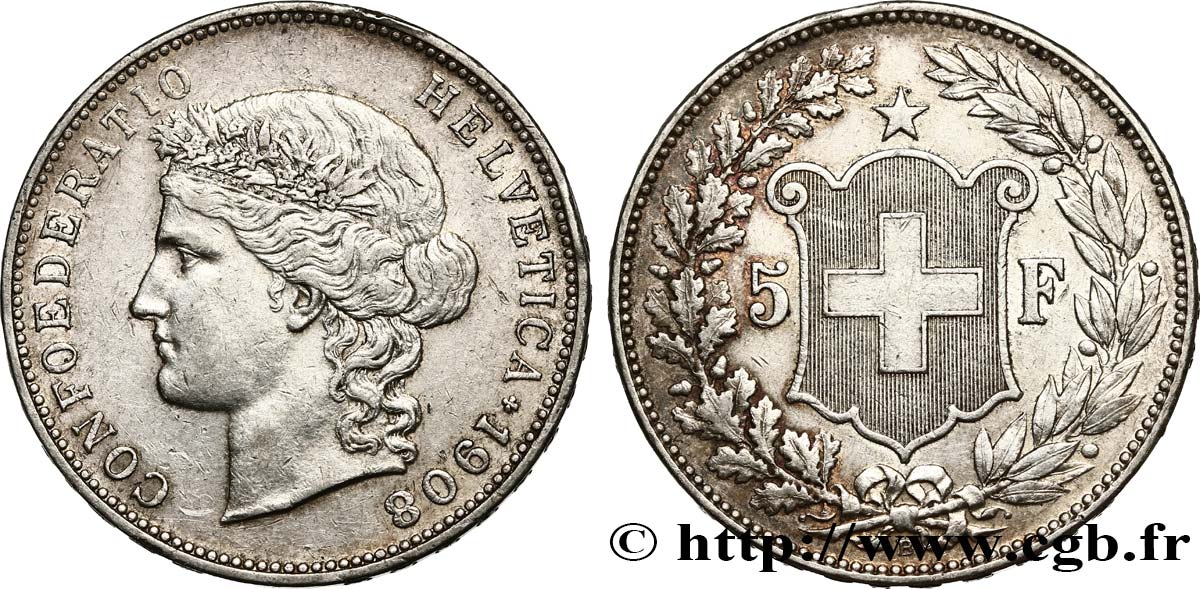 SWITZERLAND 5 Francs Helvetia 1908 Berne XF 