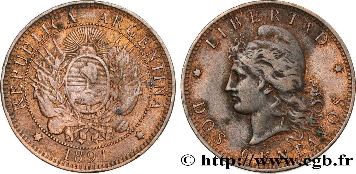 ARGENTINA 2 Centavos emblème / “Liberté” 1891  BB 