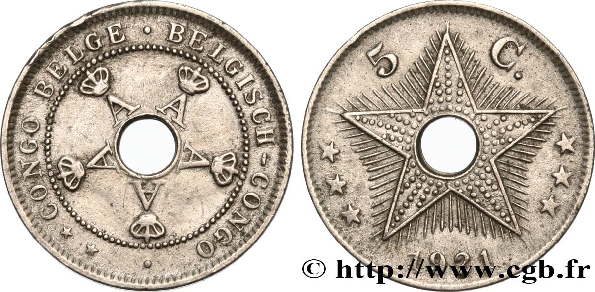 BELGISCH-KONGO 5 Centimes monogrammes du roi Albert 1921  VZ 