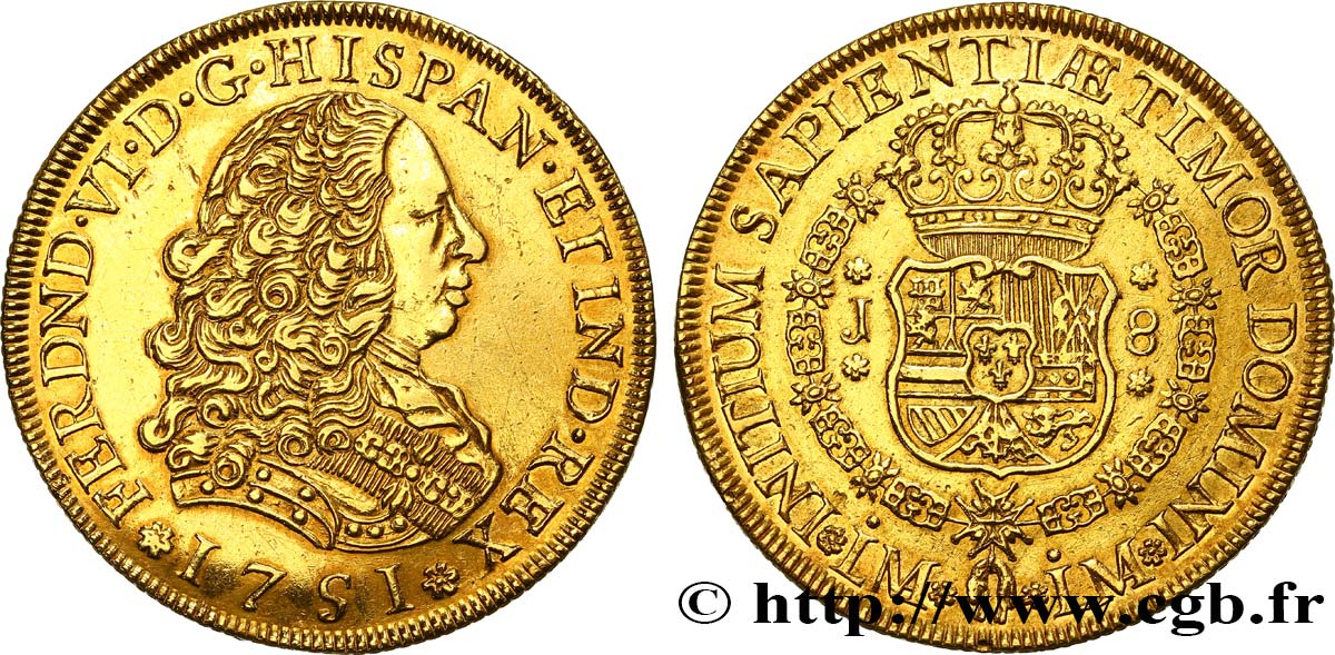 PÉROU - FERDINAND VI 8 Escudos 1751 Lima fVZ 