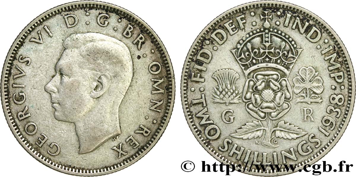 UNITED KINGDOM 1 Florin (2 Shillings) Georges VI 1938  VF 