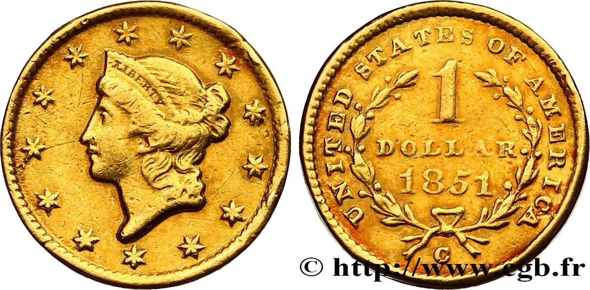 ÉTATS-UNIS D AMÉRIQUE 1 Dollar  Liberty head  1er type 1851 Charlotte BB 