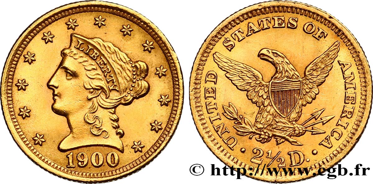 ÉTATS-UNIS D AMÉRIQUE 2 1/2 Dollar “Liberty Head” 1900 Philadelphie AU 
