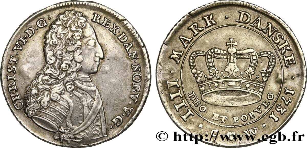 DENMARK Krone ou 4 Mark 1731 Copenhague XF 