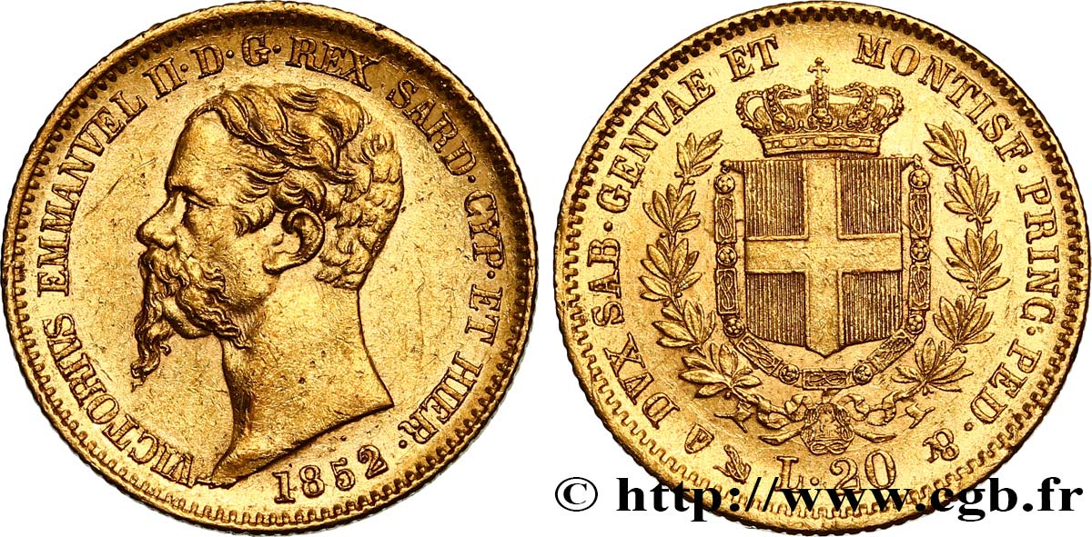 ITALIE - ROYAUME DE SARDAIGNE 20 Lire Victor Emmanuel II 1852 Gênes TTB+/SUP 
