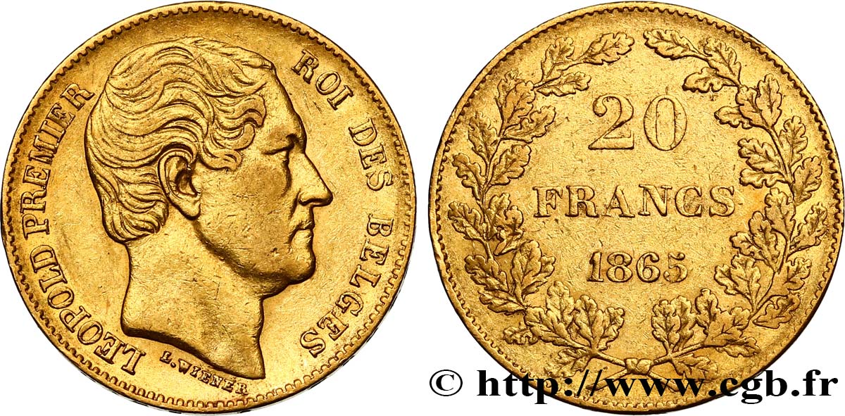 BELGIQUE 20 Francs Léopold Ier 1865 Bruxelles TTB 