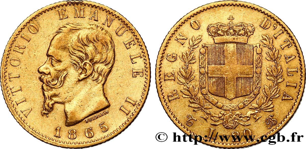 ITALIA 20 Lire Victor Emmanuel II  1865 Turin BB 