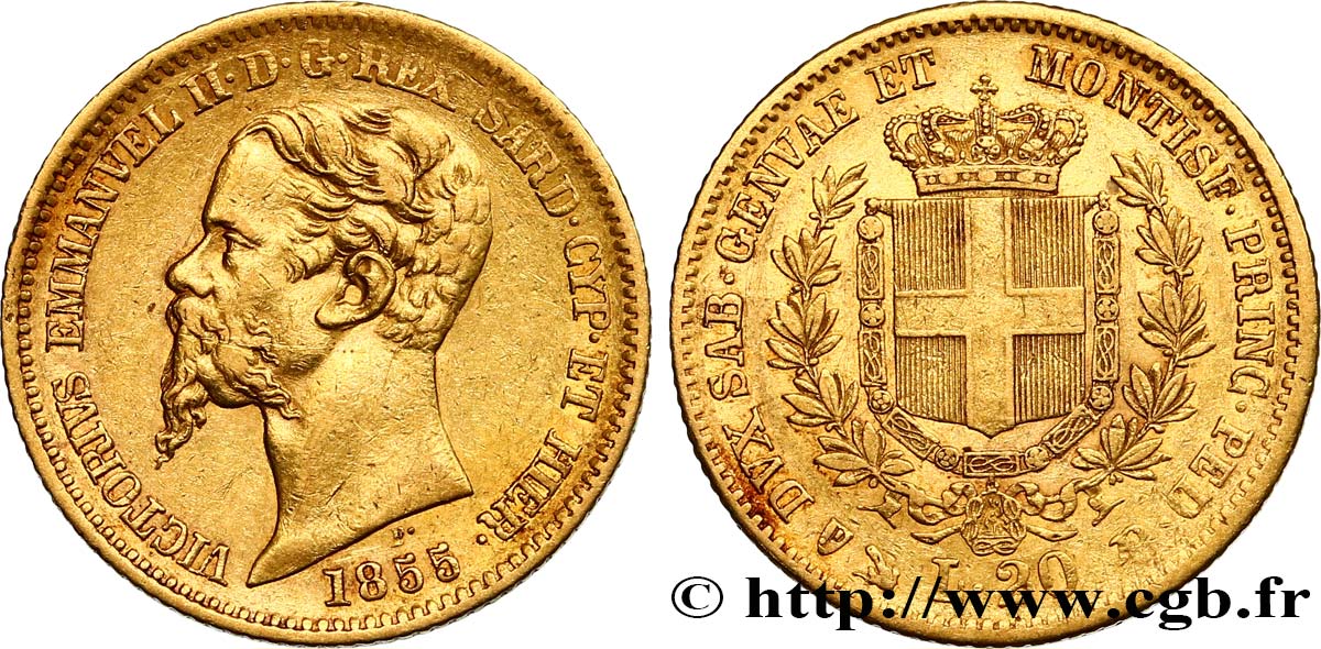 ITALY - KINGDOM OF SARDINIA 20 Lire Victor-Emmanuel II 1855 Gênes XF 