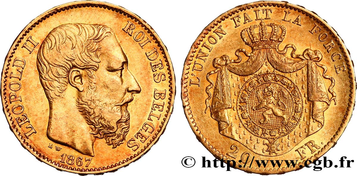 BÉLGICA 20 Francs Léopold II 1867 Bruxelles MBC+ 