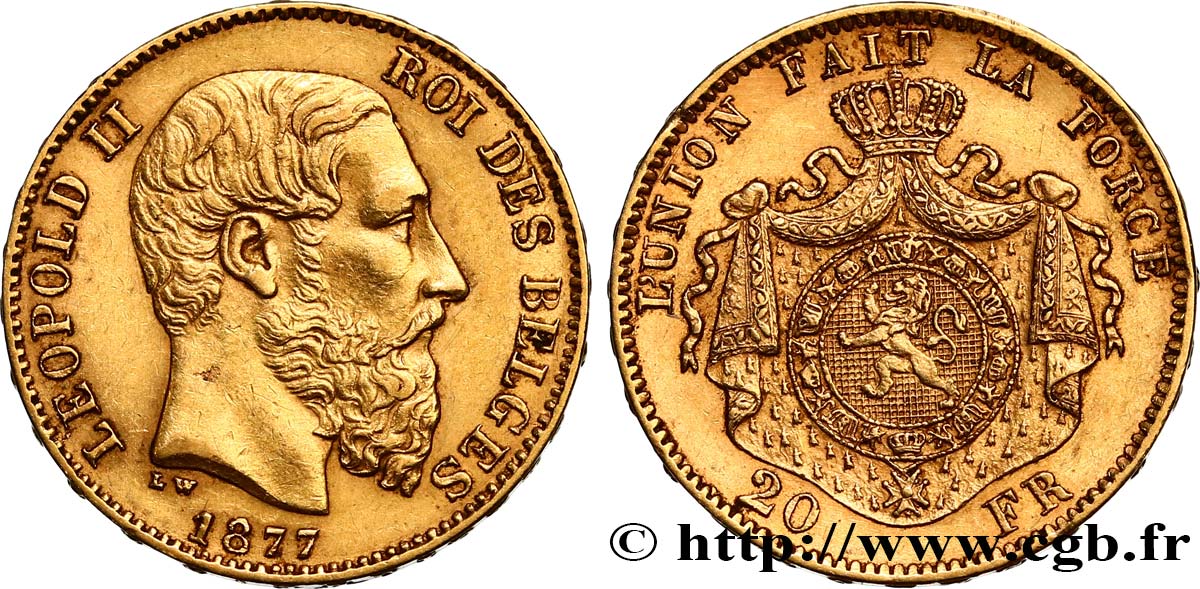 BELGIEN 20 Francs Léopold II 1877 Bruxelles SS 
