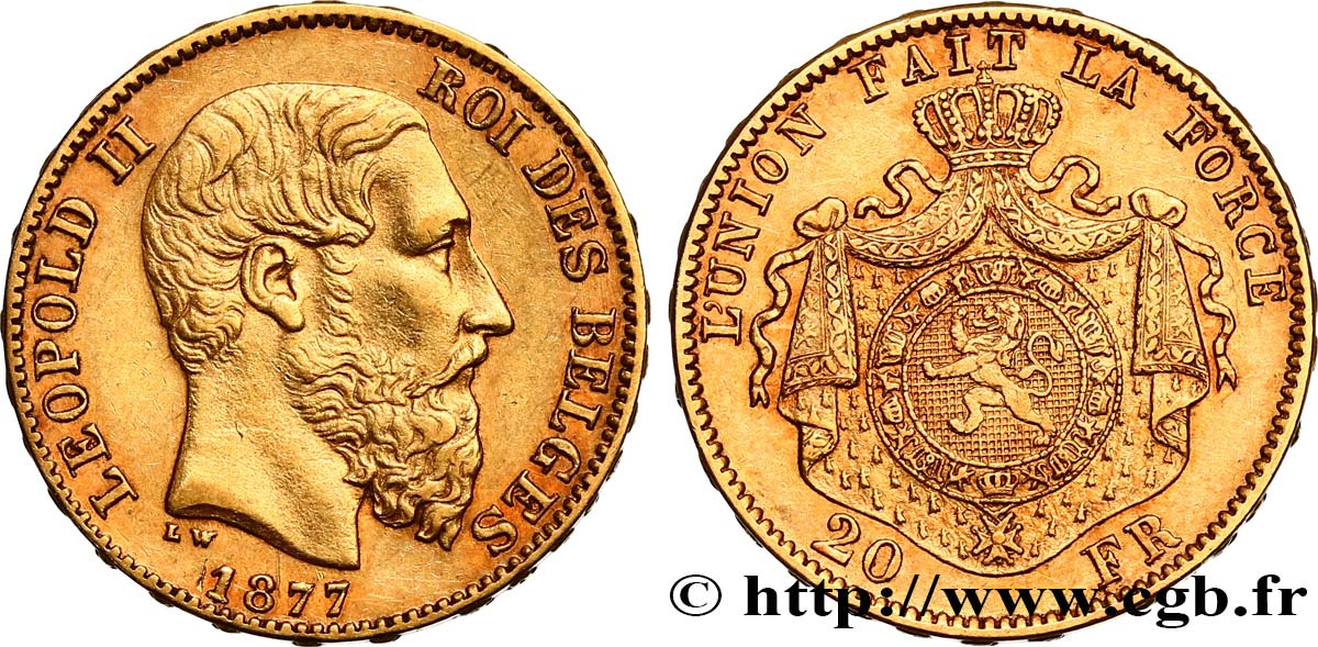 BÉLGICA 20 Francs Léopold II 1877 Bruxelles MBC+ 