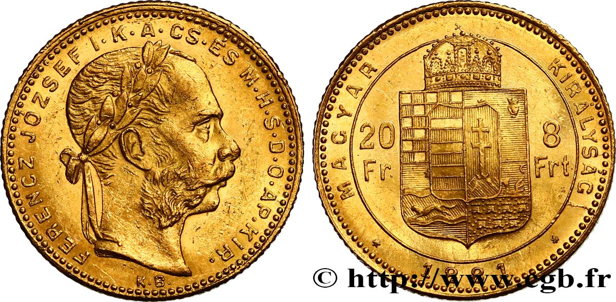 HONGRIE 20 Francs or ou 8 Forint François-Joseph Ier 1881 Kremnitz SPL 