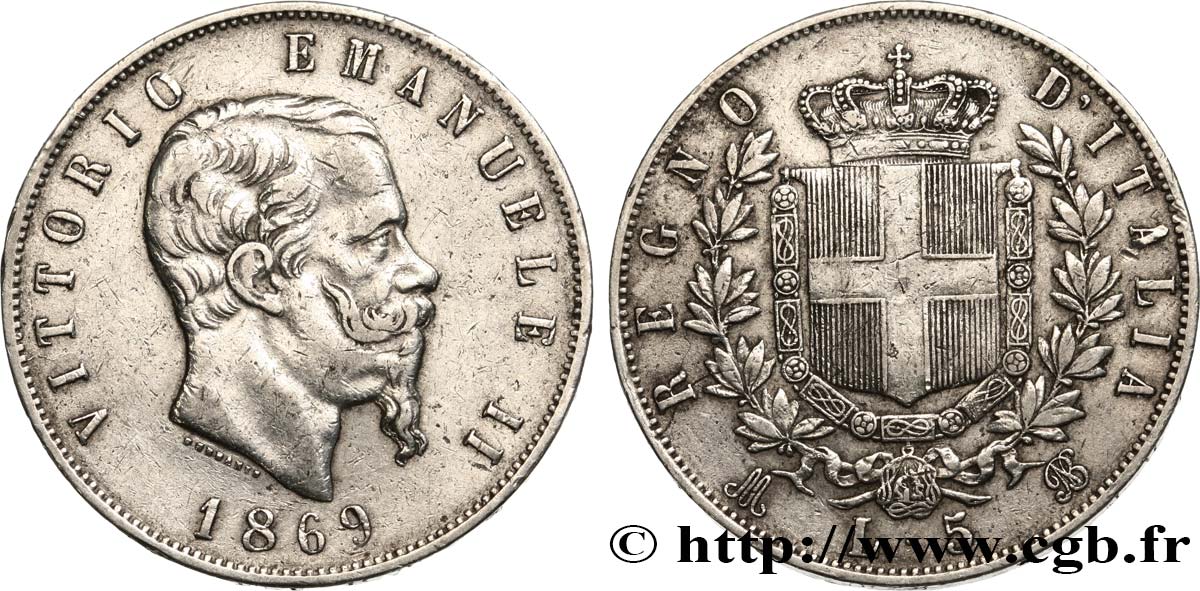 ITALIE 5 Lire Victor Emmanuel II 1869 Milan TB+ 