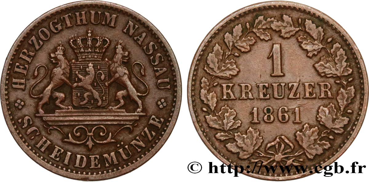GERMANY - NASSAU 1 Kreuzer 1861  XF 