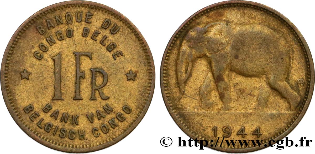 CONGO BELGE 1 Franc éléphant 1944  TTB 