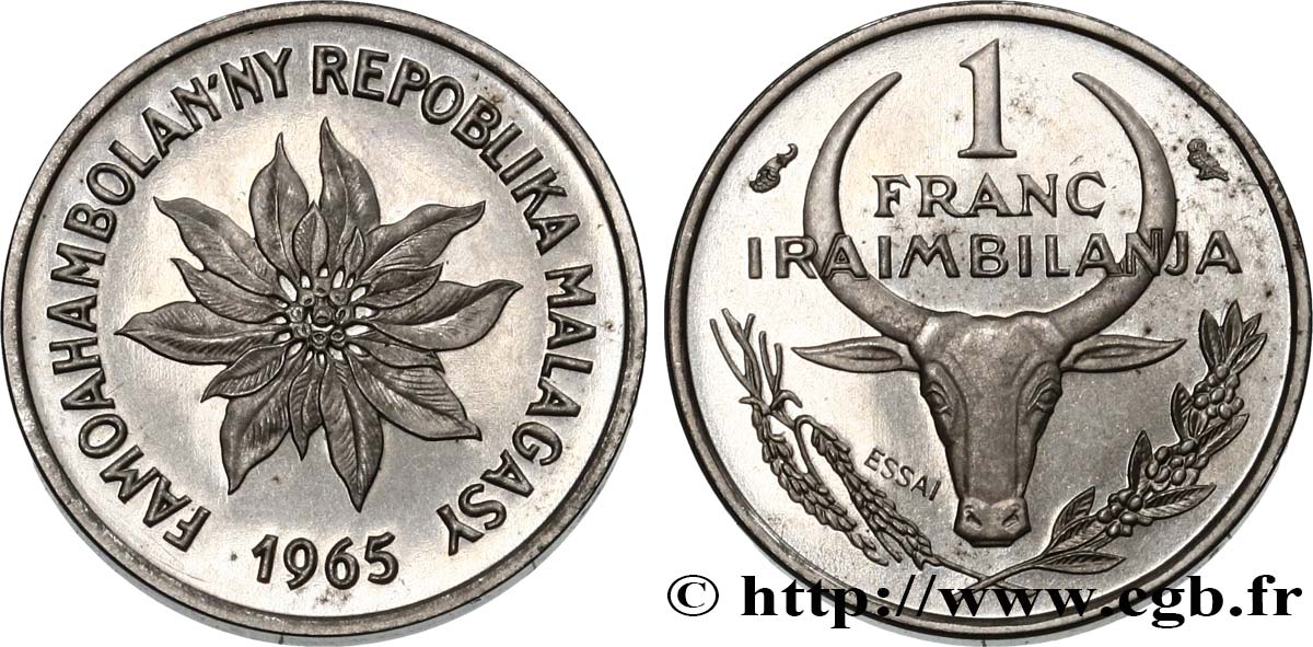 MADAGASCAR Essai 1 Franc 1965 Paris SPL 