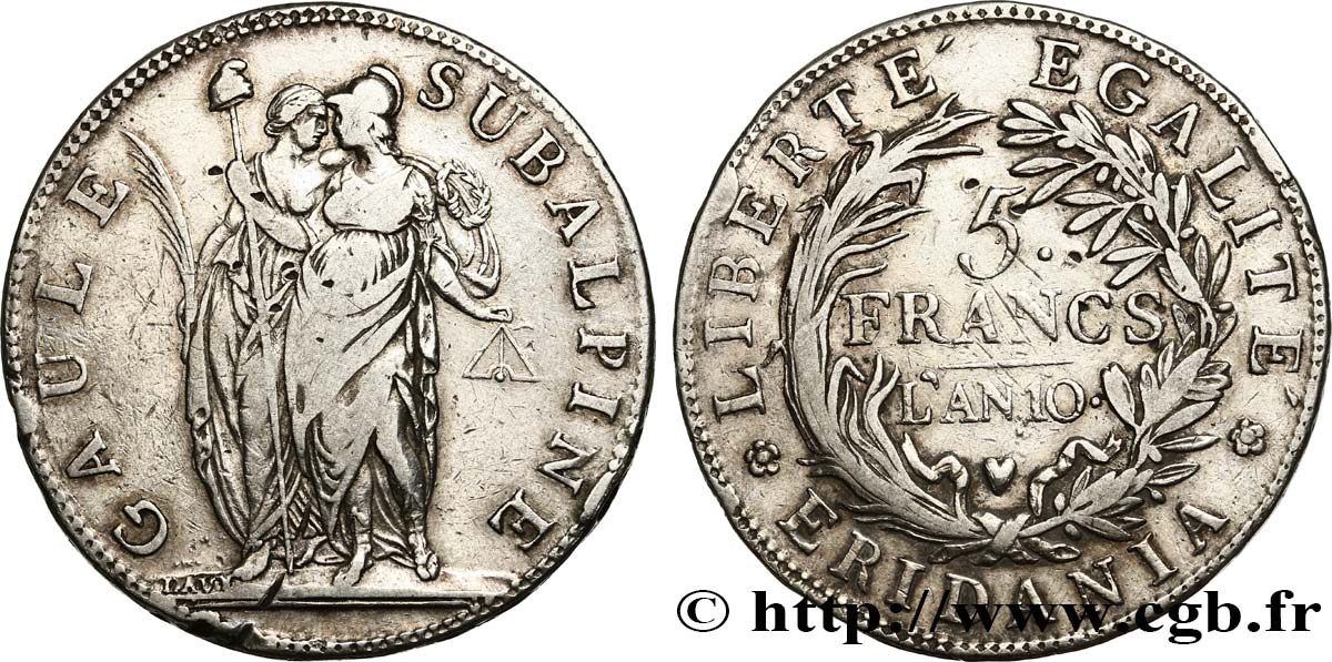 ITALIA - GALLIA SUBALPINA 5 Francs an 10 1802 Turin BC+ 