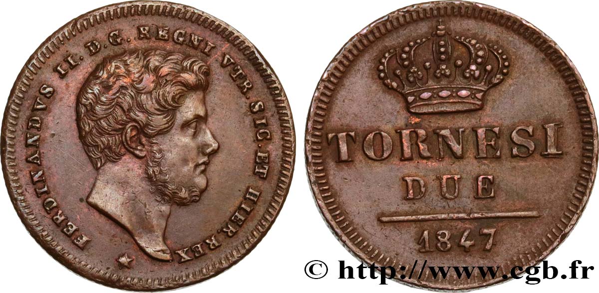 ITALY - KINGDOM OF THE TWO SICILIES - FERDINAND II 2 Tornesi  1847 Naples AU 