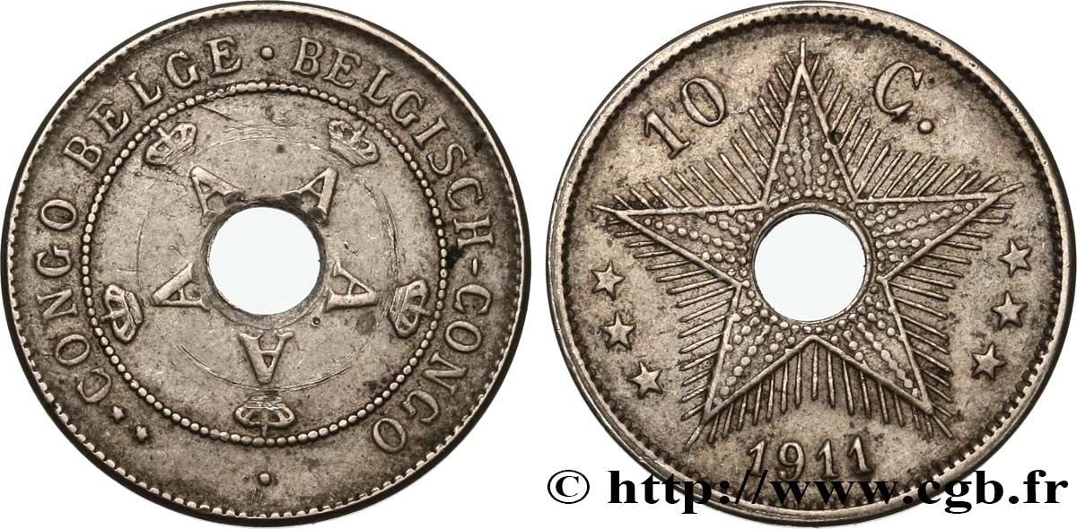 CONGO BELGA 10 Centimes monogramme A (Albert) couronné 1911  SPL 