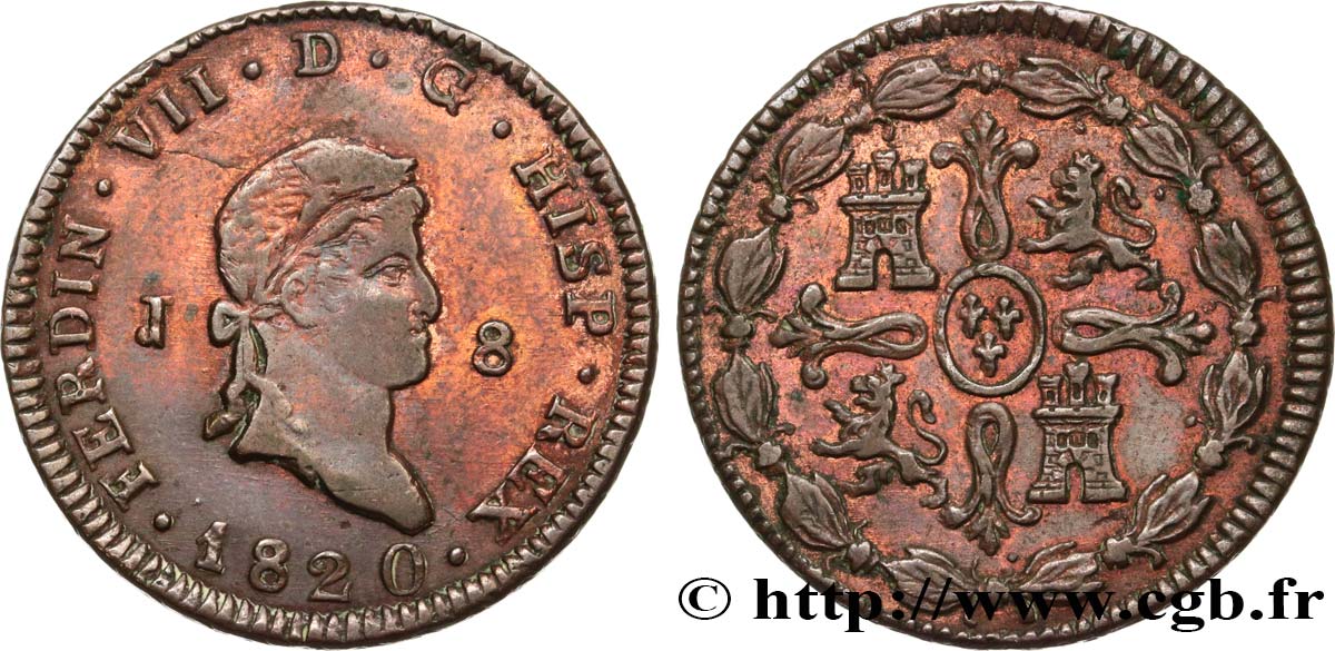 ESPAGNE 8 Maravedis Ferdinand VII 1820 Jubia TTB/TTB+ 