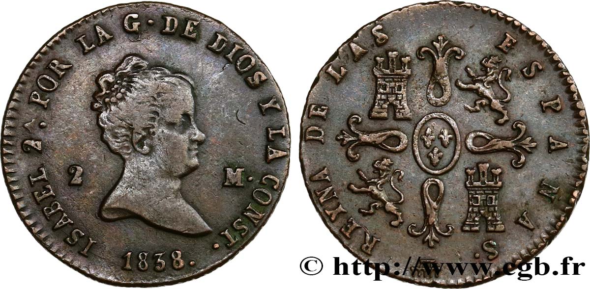ESPAÑA 2 Maravedis Isabelle II 1838/1738 1838 Ségovie MBC 