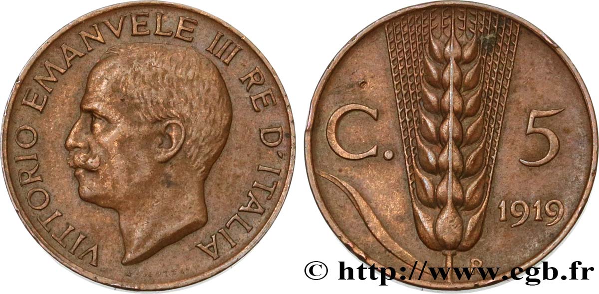 ITALIE 5 Centesimi  Victor Emmanuel III / épi 1919 Rome - R TTB 