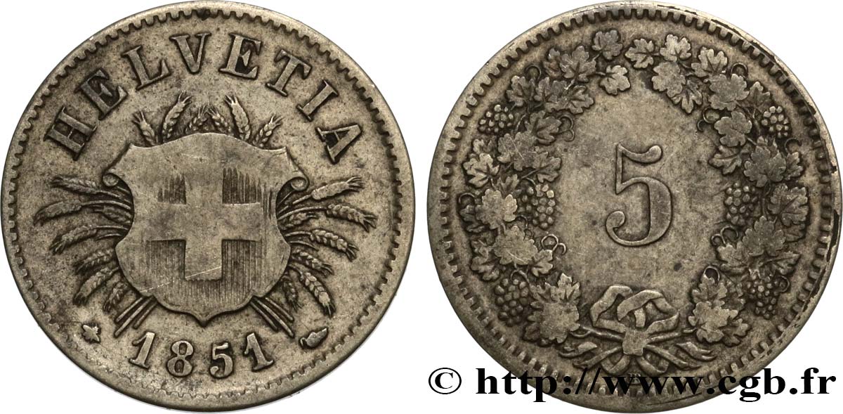 SUISSE 5 Centimes (Rappen) croix suisse 1851 Strasbourg - BB TB+ 