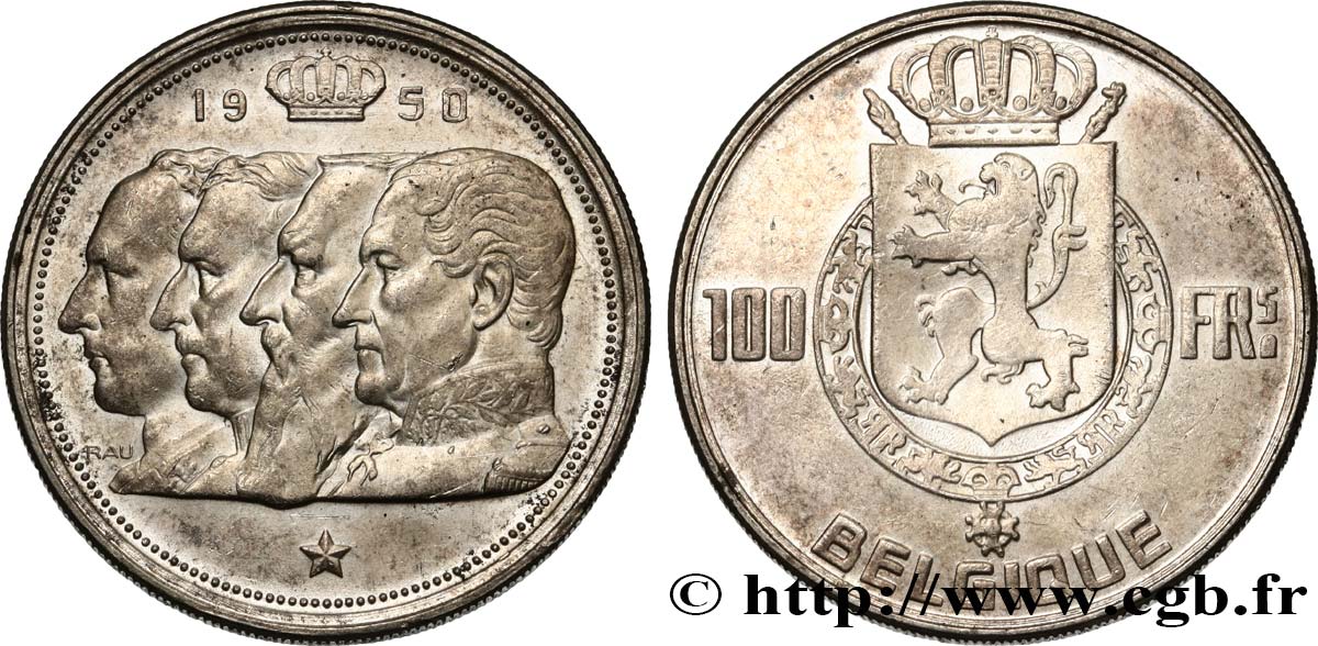BELGIQUE 100 Francs portraits des quatre rois de Belgique, légende française 1950  SUP 