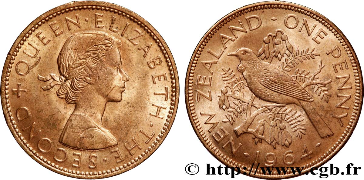NOUVELLE-ZÉLANDE 1 Penny Elisabeth II / oiseau Tui 1964  SUP 