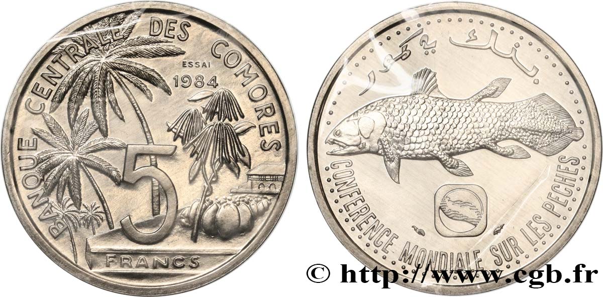 COMORAS Essai de 5 Francs poisson coelacanthe / cocotiers 1984 Paris FDC 
