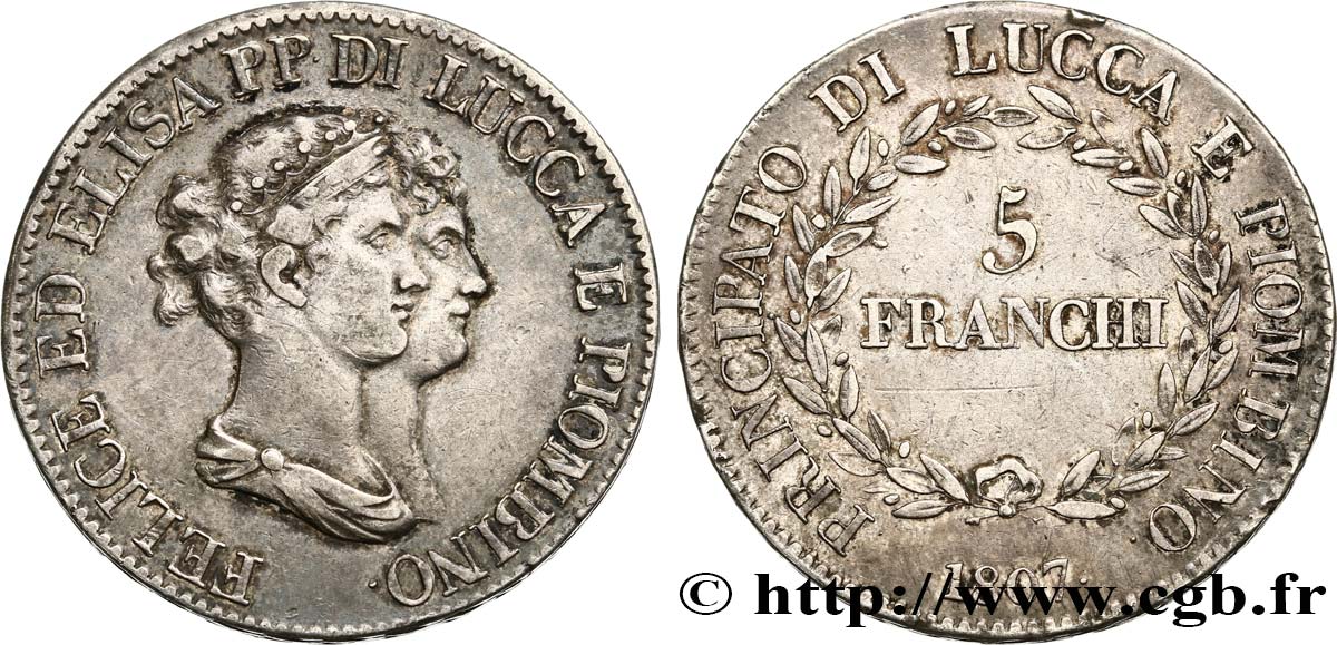 ITALY - PRINCIPALTY OF LUCCA AND PIOMBINO - FELIX BACCIOCHI AND ELISA BONAPARTE 5 Franchi 1807 Florence XF 