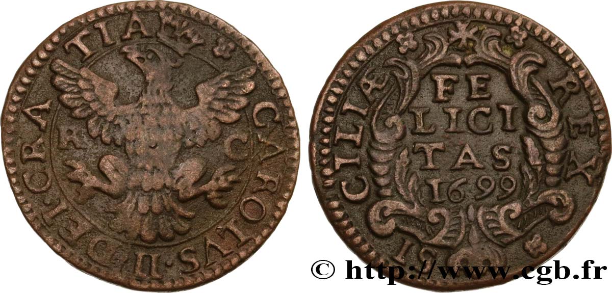 ITALY - SICILY 1 Grano Charles II 1699  XF 