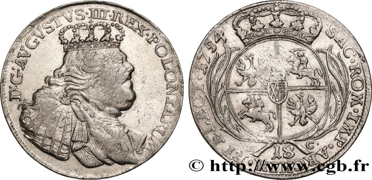 POLAND 18 Groschen Auguste III 1754 Leipzig XF/VF 