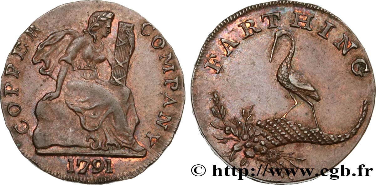 BRITISH TOKENS OR JETTONS 1 Farthing, Skidmore Copper Compagny 1791  AU 