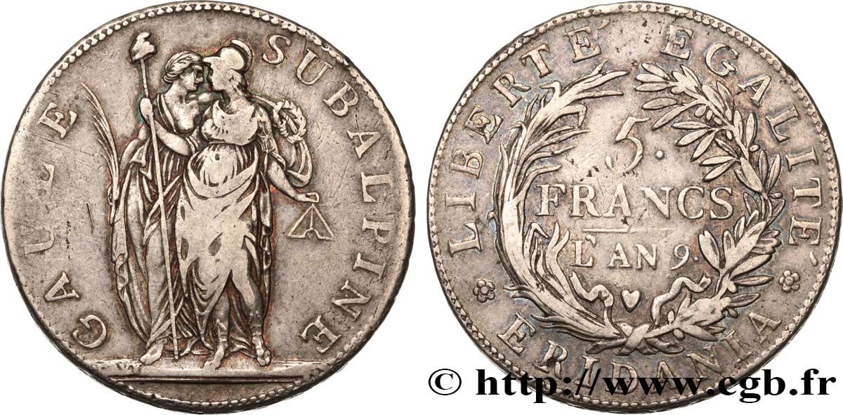 ITALIE - GAULE SUBALPINE 5 Francs an 9 1801 Turin TB 