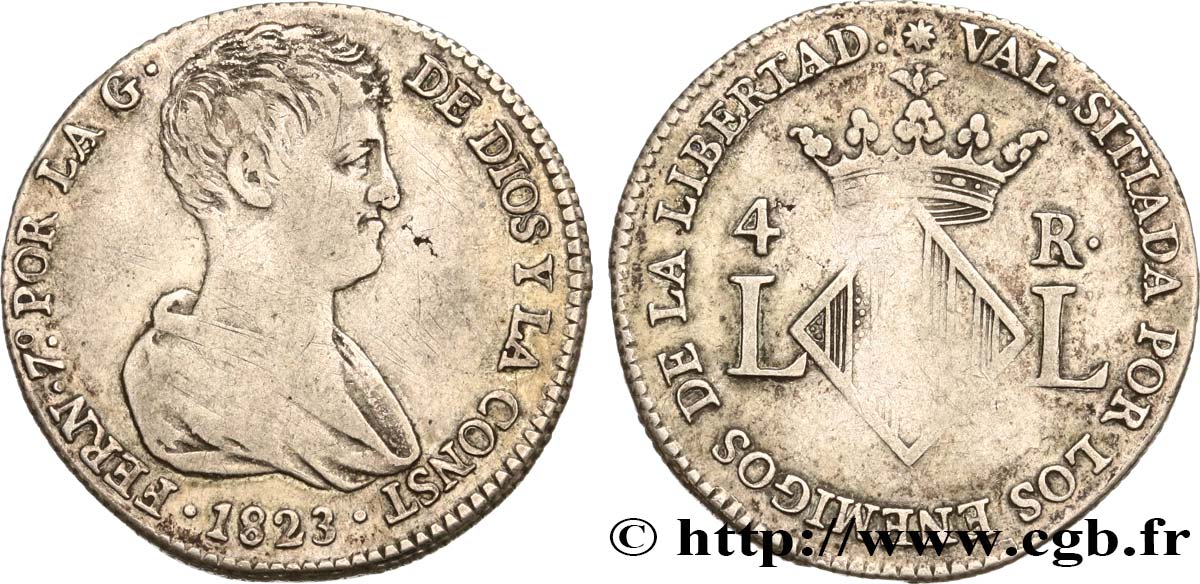 SPAIN 4 Reales Ferdinand VII 1823 Valence VF 