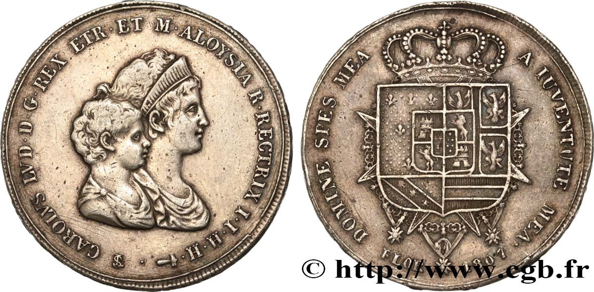 ITALIE - ROYAUME D ÉTRURIE - CHARLES-LOUIS et MARIE-LOUISE 10 Lire, 2e type 1807 Florence TTB 