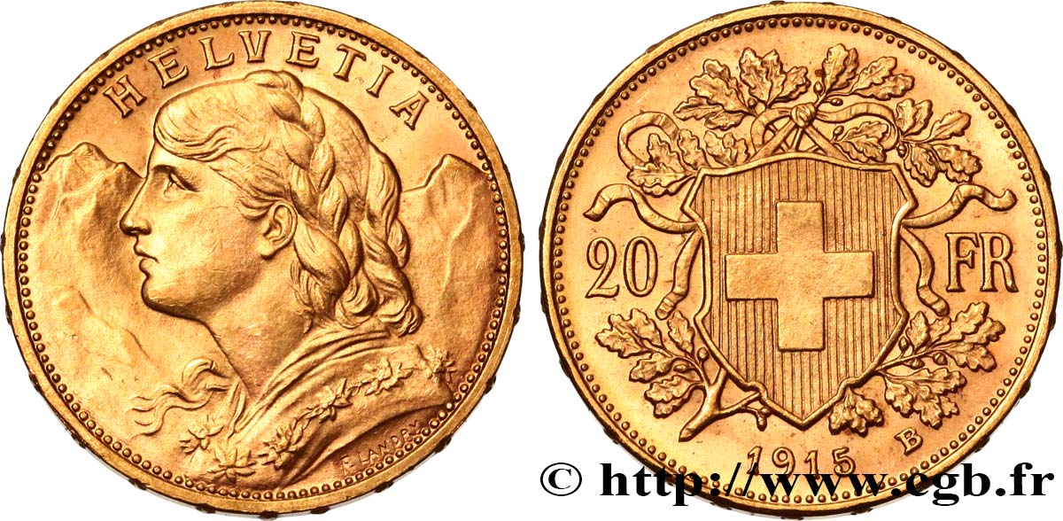 SUISSE 20 Francs  Vreneli   1915 Berne SPL 