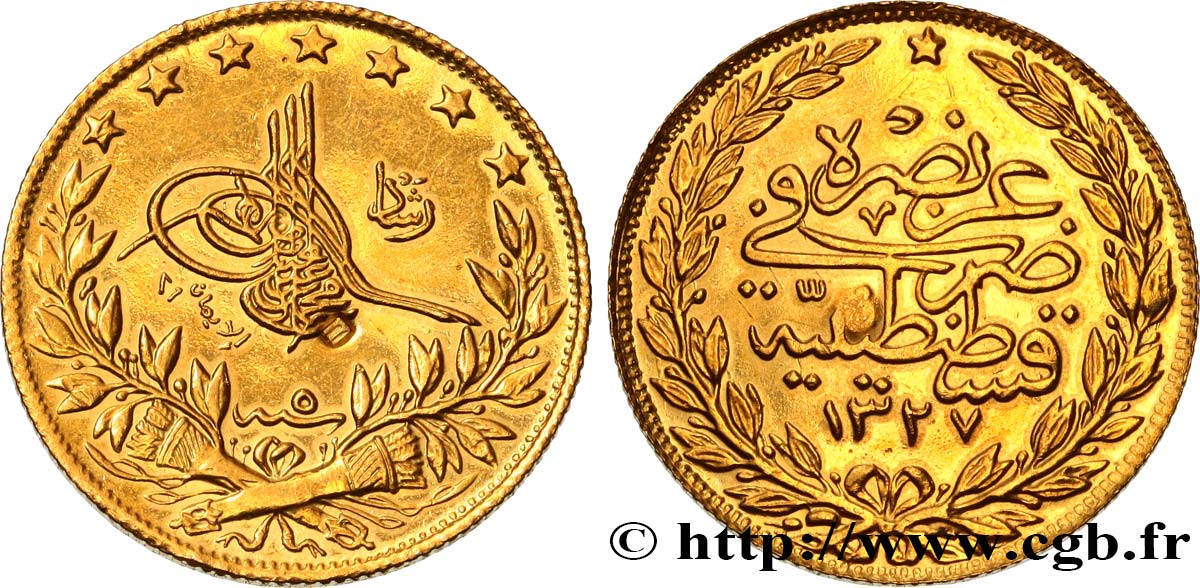 TURKEY 100 Kurush Sultan Mohammed V Resat AH 1327, An 5 1913 Constantinople XF 