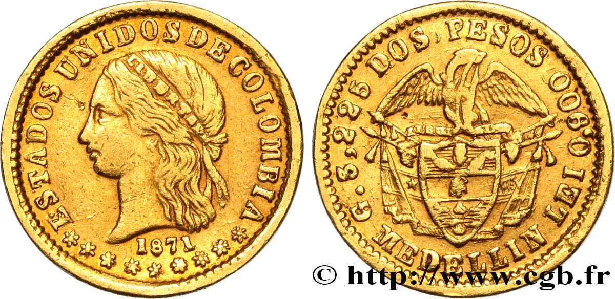 COLOMBIA - REPÚBLICA DE LA NUEVA GRANADA 2 Pesos 1871 Medellin MBC 